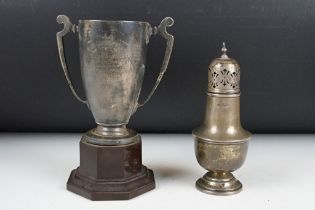 A fully hallmarked sterling silver sugar shaker together with a fully hallmarked silver trophy,