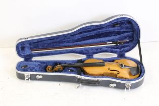 Two-piece back violin with bow, housed within a Crossrock case. (Violin approx 58cm long)