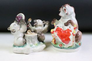 Two Russian Lomonosov ceramic bear figurine groups to include an inkwell in the form of two bears