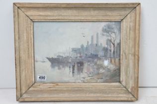 Oil on Board Impressionist Scene of Ships moored on the River Thames (possibly Battersea), 25.5cm