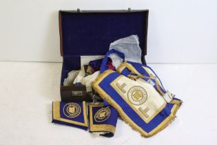 Collection of assorted Masonic items to include sashes and aprons, a Royal York Lodge tooled leather