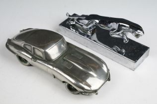 Mid 20th C chrome Jaguar car mascot style figure, raised on a rectangular base (19cm wide), together