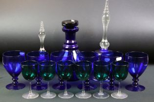 Six Bristol Blue goblets and decanter (with stopper, approx 25cm high), together with two Bristol