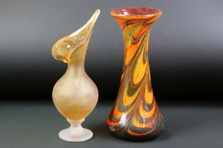 Two Gibraltar crystal studio art glass vases to include one mottled orange and iridescent glass vase