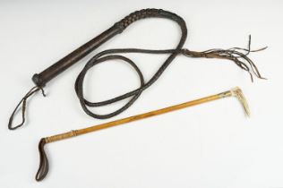 Early 20th century Child’s Hunting Whip with antler handle, 52cm long together with a Leather Bull