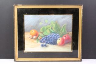 1937 Signed Pastel Still Life Study of Fruit, Walnuts and Fauna contained in a Verre Angomise mount,