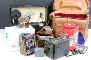 Assorted cameras to include a Yashica 44 camera and case, box cameras, pax M4 and associated