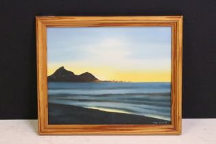 Mary Shaw - oil on board painting depicting a sea side landscape scene with a wooden frame. Measures