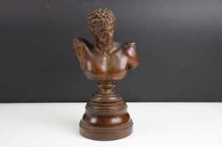 Hermes bronze bust of classical presentation, raised on a turned oak pedestal base, approx 26.5cm