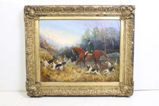 English School, hunter riding with hounds, oil on panel, indistinctly signed lower left, 47 x