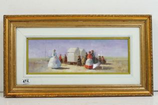 Gilt Framed Impressionist Oil Painting of a Victorian Beach Scene, a family gathering beside beach