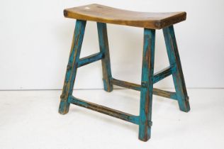 Rustic Part Painted Pine Stool with curved seat, 51cm wide x 50cm high