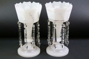 Pair of 19th Century Victorian white glass lustres having crenelated rims with enamelled lace