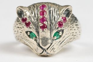 Silver Cat Dress Ring set with Ruby and Emerald Eyes