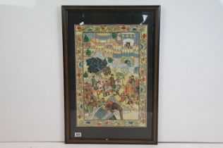 Indian / Persian painting on silk depicting a procession, 60.5 x 42cm, framed and glazed