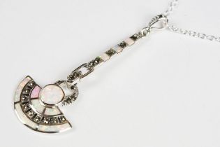 Silver Pendant Necklace set with Mother of Pearl, Marcasite and Opal