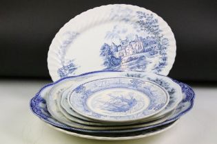 Six blue & white transfer printed serving dishes / platters, 19th century onwards, to include