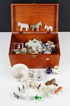 Domed Wooden Box with mixed collectables to include Thimbles, Murano Figures, Delft, Horses, etc