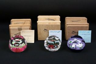 Three William Manson ltd edn glass paperweights to include Diana Bouquet (no. 5 of 10), Camilla (no.