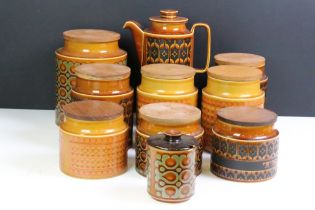 Eight Hornsea 1970's storage jars with wooden lids (featuring Bronte, Saffron & Heirloom examples,
