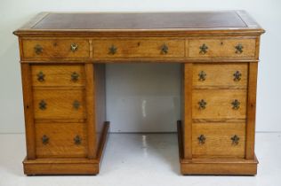 Victorian Golden Oak Twin Pedestal Writing Desk, 115cm wide x 59cm deep x 74cm high