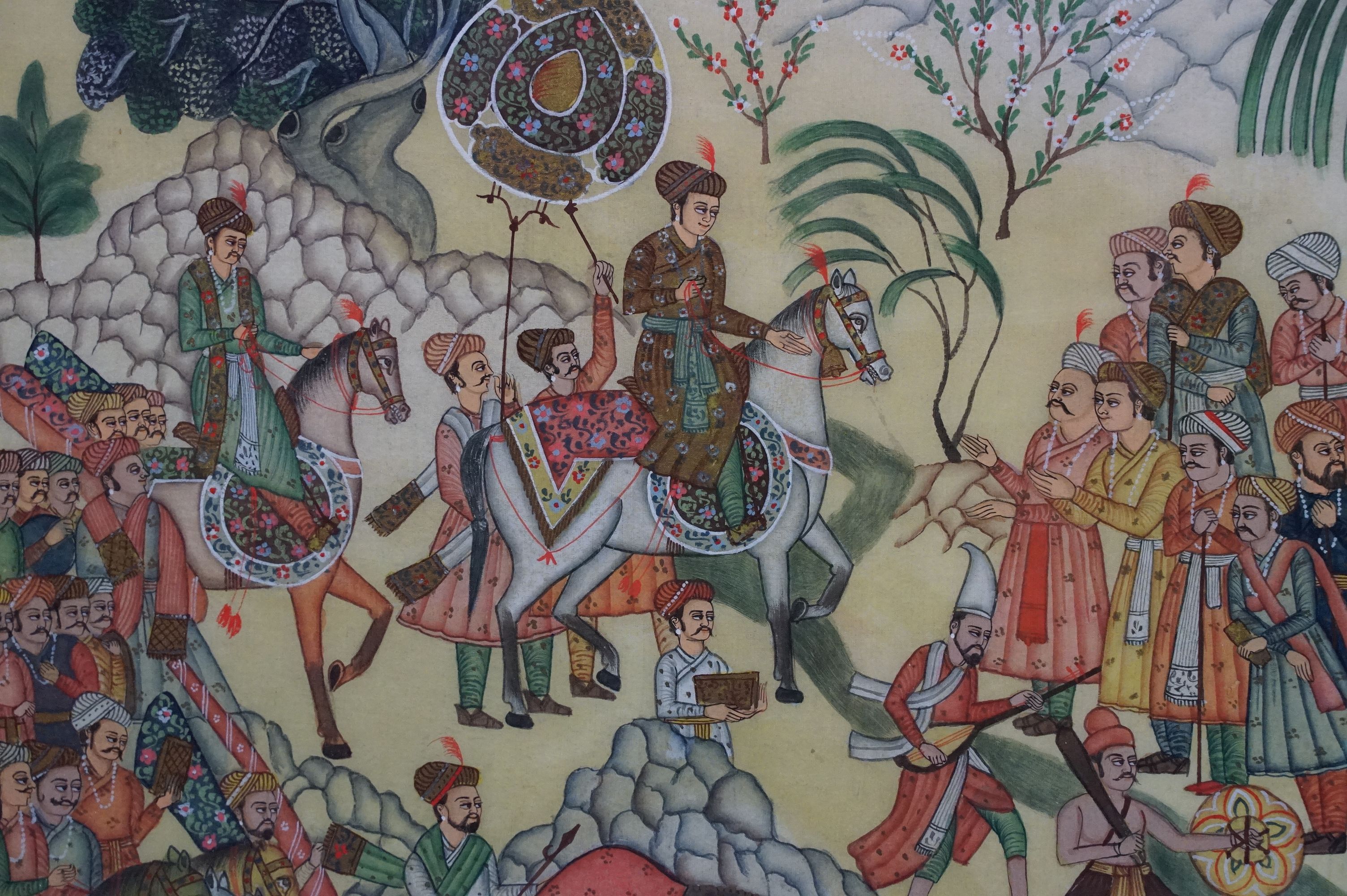 Indian / Persian painting on silk depicting a procession, 60.5 x 42cm, framed and glazed - Image 5 of 12