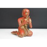 19th Century Burmese Mandalay carved lacquered & jewelled giltwood figure of a kneeling monk, approx