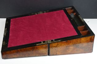 19th century burr walnut writing slope, opening to a lined slope, storage compartments & pen tray,