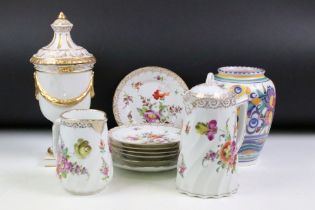 Group of early 20th century Dresden hand painted floral coffee ware (coffee pot & cover, milk jug, 6