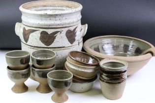 Studio art pottery punch set to include five goblets, punch bowl and ladle, four bowls, twin handled