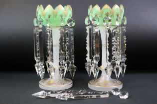 Pair of 19th Century Victorian green and white glass lustres having gilt detailing and cut glass