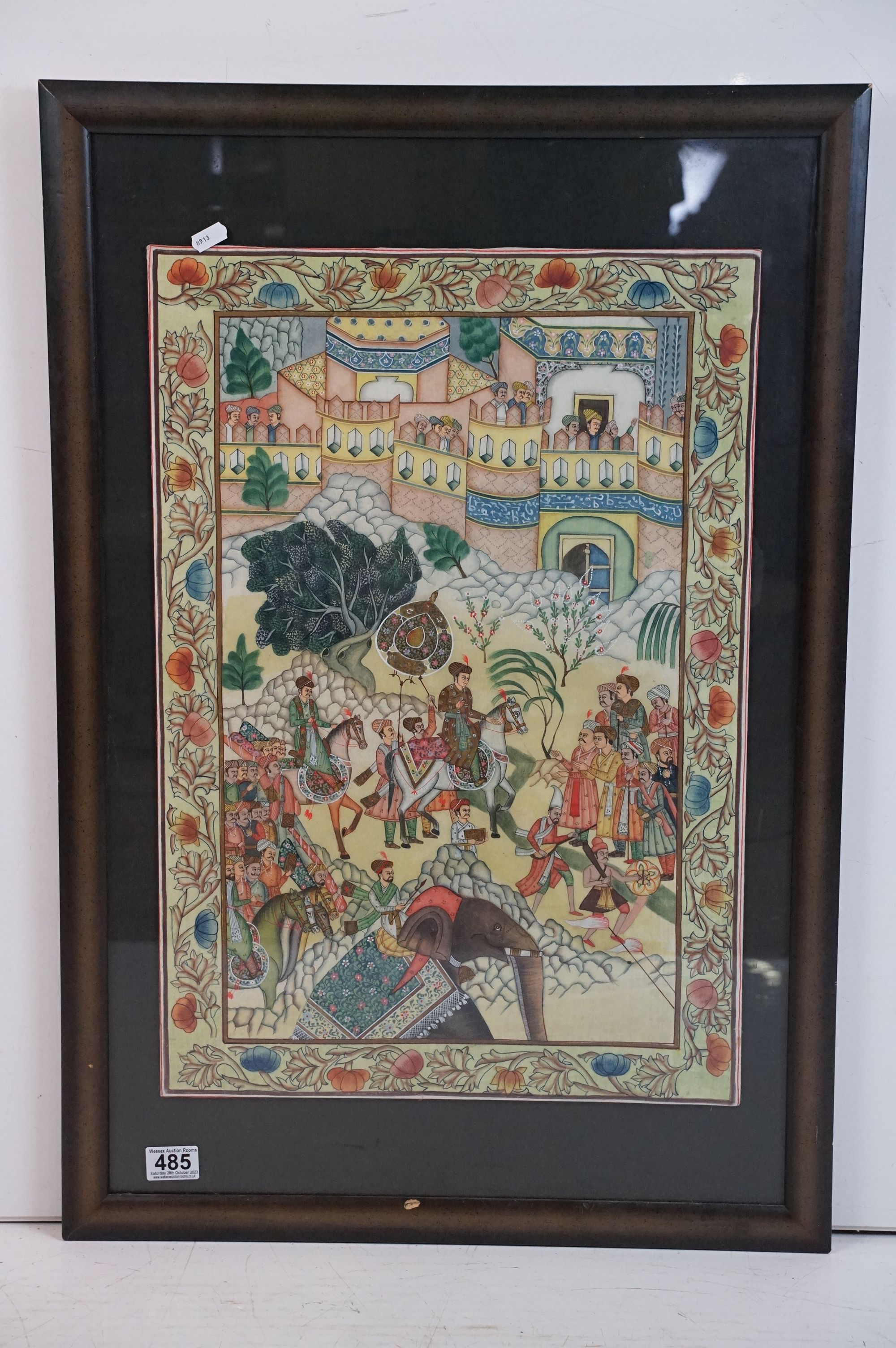 Indian / Persian painting on silk depicting a procession, 60.5 x 42cm, framed and glazed - Image 2 of 12