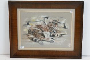 Pastel Painting of a Tabby Cat resting against stone wall signed Michael Poge, 34 x 47cm