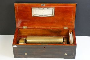 19th century Swiss cylinder rosewood 4-airs overture music box, the marquetry inlaid lid with strung