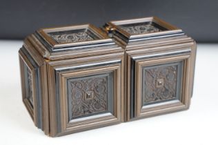Late 19th century wooden tea caddy of rectangular form, decorated with carved floral panels to