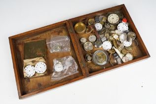 Oak Box containing Pocket Watch and Watch Parts including Omega, Tissot, Swiss Movements, etc