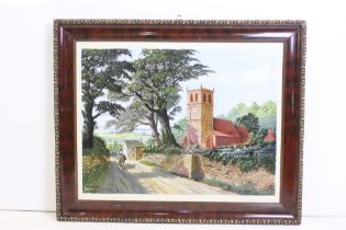 Oil on Board by P. Bailey, a Peaceful Village Scene with Figure on Horseback, Cottages and Church,