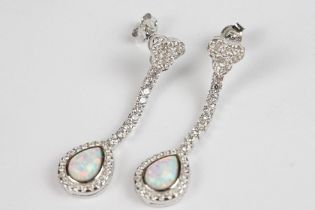 Pair of Silver CZ and Opal Drop Earrings