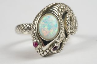 Silver Cobra Snake style Ring with opal panel and ruby eyes
