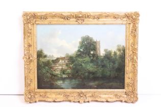 T Creswick, river scene with a girl on a bridge, farmhouse and church beyond, signed lower left