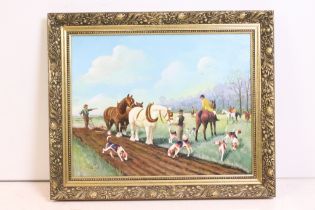 20th Century oil on canvas painting depicting a countryside hunting scene with shire horses.