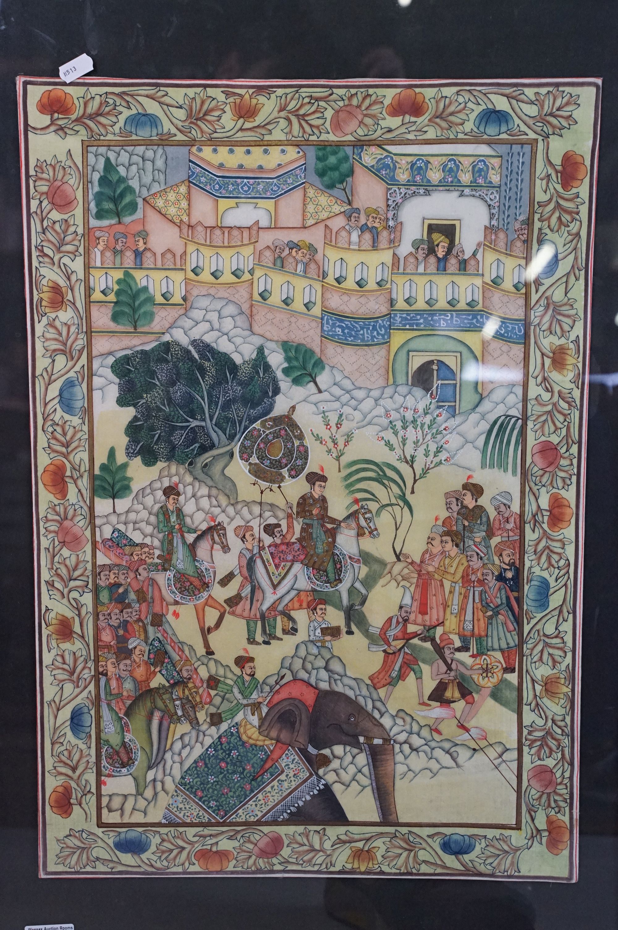 Indian / Persian painting on silk depicting a procession, 60.5 x 42cm, framed and glazed - Image 3 of 12