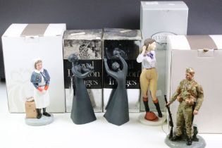 Five boxed Royal Doulton porcelain lady figurines to include 2 x Royal Doulton Classics (Home