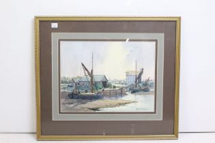 Sheila Fairman R.M.S. (1924-2013) Pen and Watercolour Harbour Scene titled 'Faversham ' 1982, 26.5 x