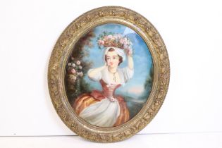 Late 19th / early 20th Century oil on board painting depicting a 18th Century female figure