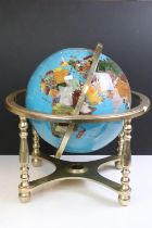 Gemstone & mother of pearl globe on brass stand, with built-in compass to base, approx 44cm high