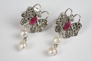Pair of Silver and Marcasite Drop Earrings set of Butterfly style with garnet panel