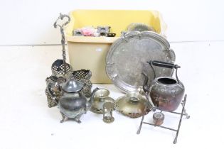 A collection of mixed metal ware to include silver plated candleticks, trays, cruets....etc..