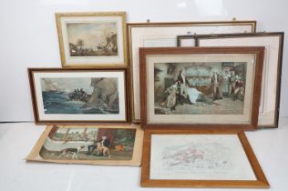 Smuggling scene, hand coloured engraving, 30 x 60cm, framed and glazed and a quantity of pictures