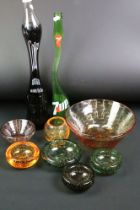Seven items of coloured glassware with air bubble designs, to include four Whitefriars controlled